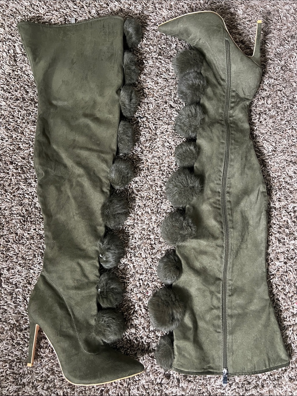 🆕 Cape Robbin Olive Green Suede Over-the-Knee Heeled Boots with Pom-Pom Trim